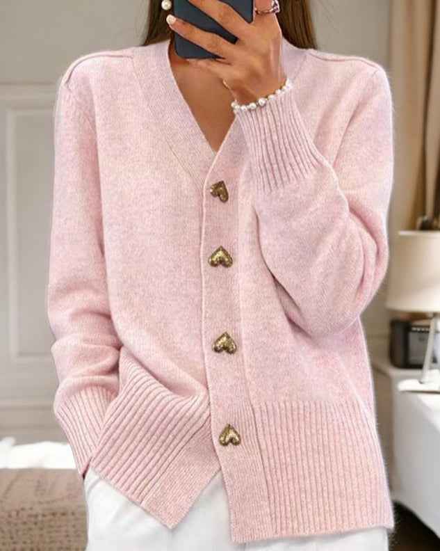 Women's Oversized Knit Heart Button Grey Winter Cardigan Pink