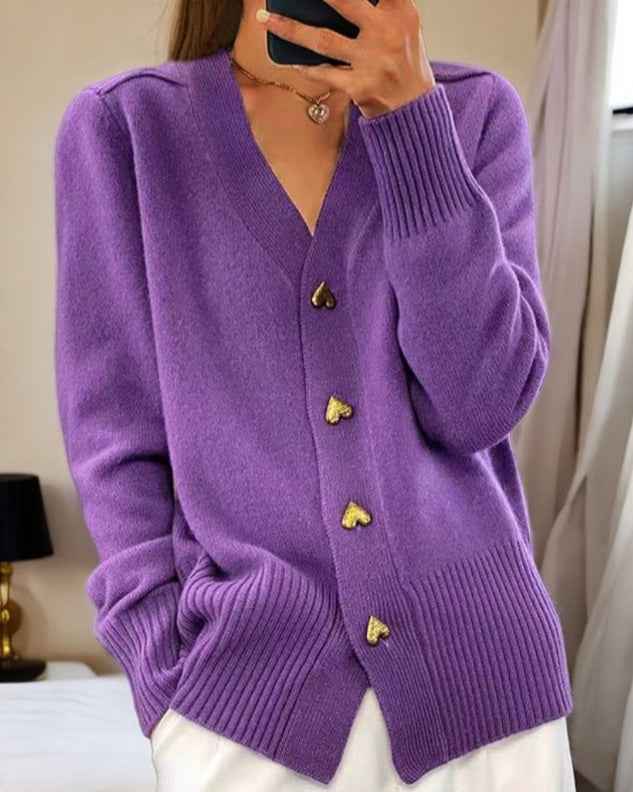 Women's Oversized Knit Heart Button Grey Winter Cardigan Violet