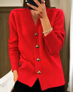 Women's Oversized Knit Heart Button Grey Winter Cardigan Red
