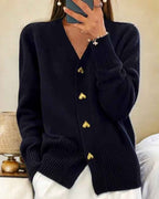 Women's Oversized Knit Heart Button Grey Winter Cardigan Black