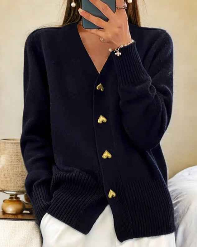 Women's Oversized Knit Heart Button Grey Winter Cardigan Black