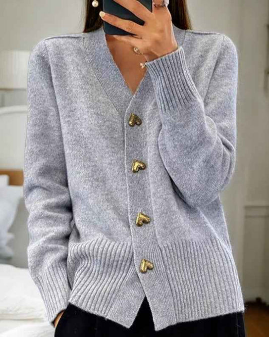 Women's Oversized Knit Heart Button Grey Winter Cardigan Grey