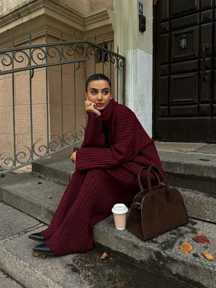 Women's Oversized Knit Set – Ribbed Sweater & Wide-Leg Pants with Scarf