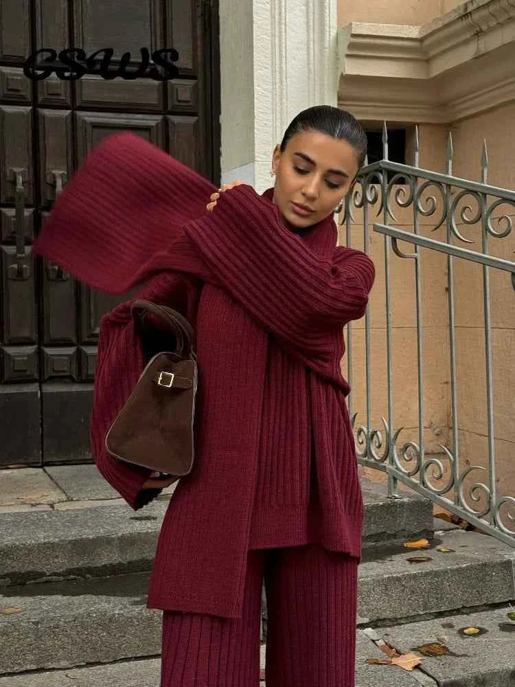 Women's Oversized Knit Set – Ribbed Sweater & Wide-Leg Pants with Scarf Red