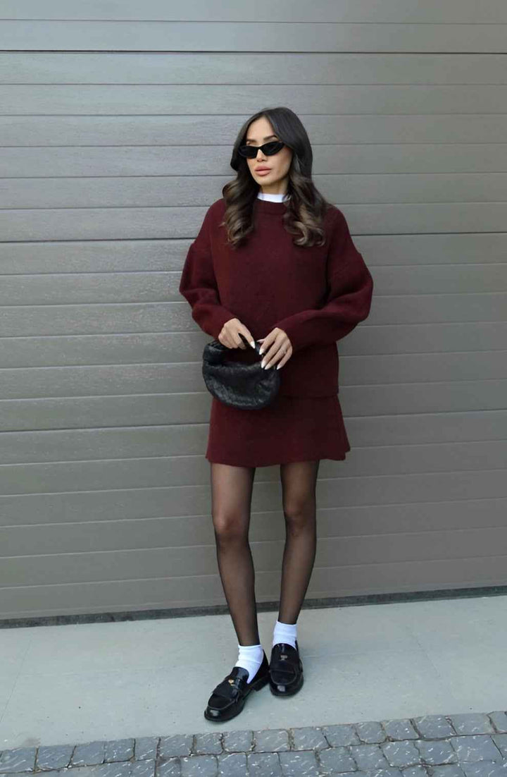 Women's Oversized Knit Sweater Set with Miniskirt - Casual Comfort Style