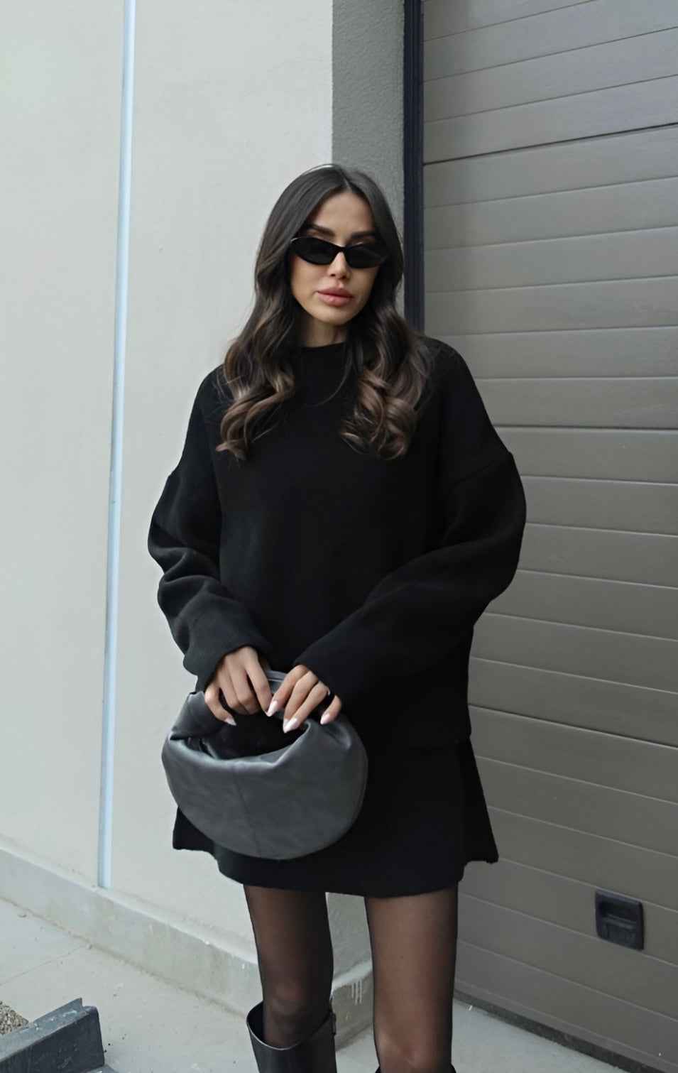 Women's Oversized Knit Sweater Set with Miniskirt - Casual Comfort Style Black