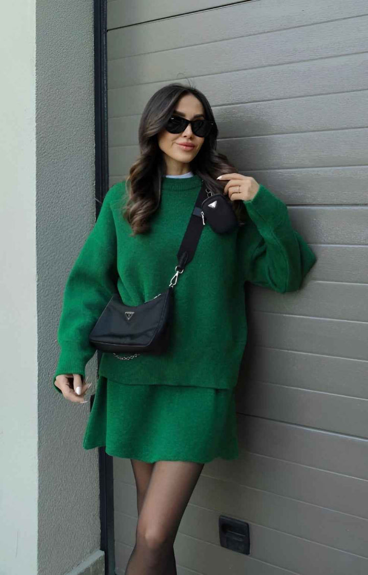 Women's Oversized Knit Sweater Set with Miniskirt - Casual Comfort Style Green
