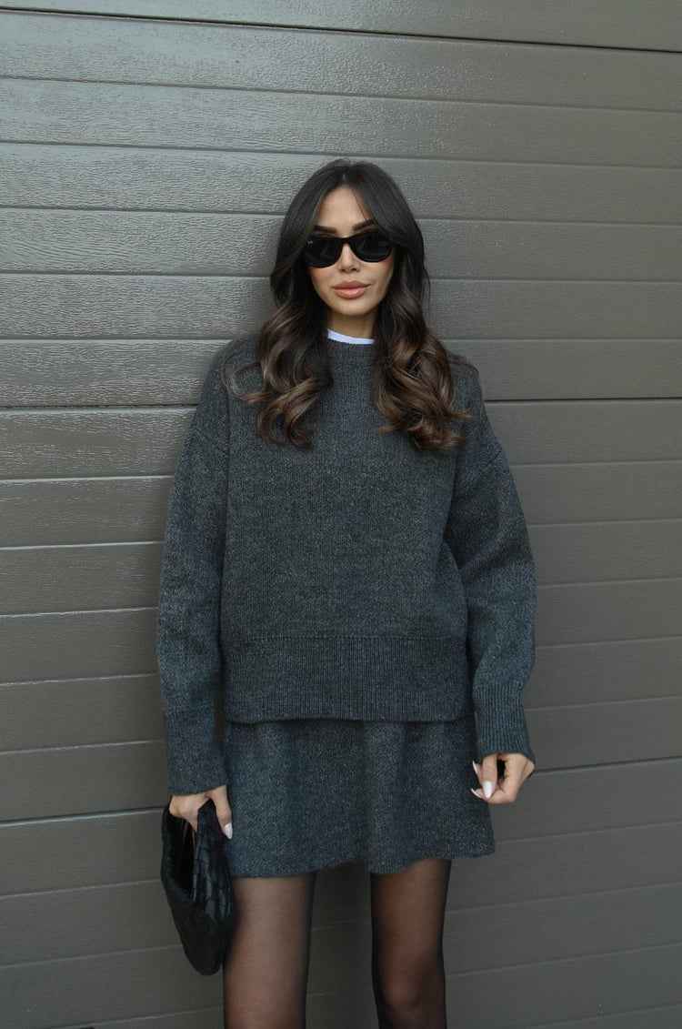 Women's Oversized Knit Sweater Set with Miniskirt - Casual Comfort Style Grey