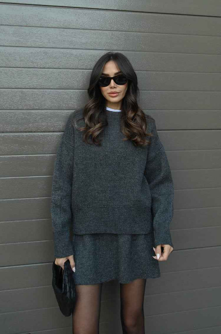 Women's Oversized Knit Sweater Set with Miniskirt - Casual Comfort Style Grey