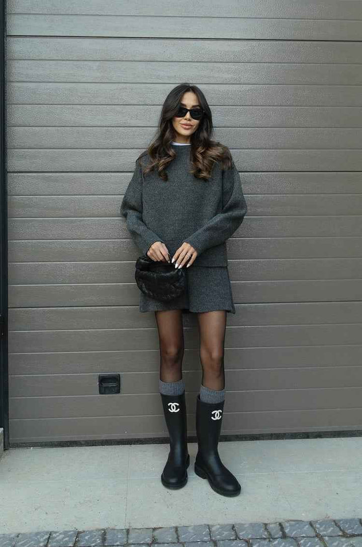 Women's Oversized Knit Sweater Set with Miniskirt - Casual Comfort Style