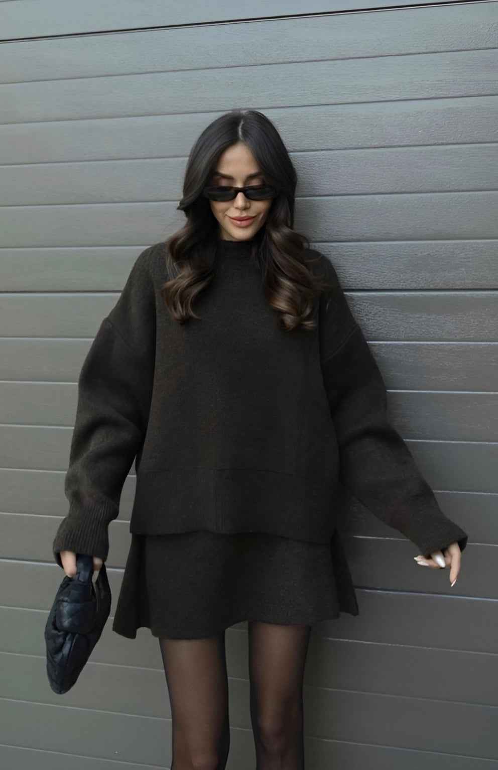 Women's Oversized Knit Sweater Set with Miniskirt - Casual Comfort Style Brown