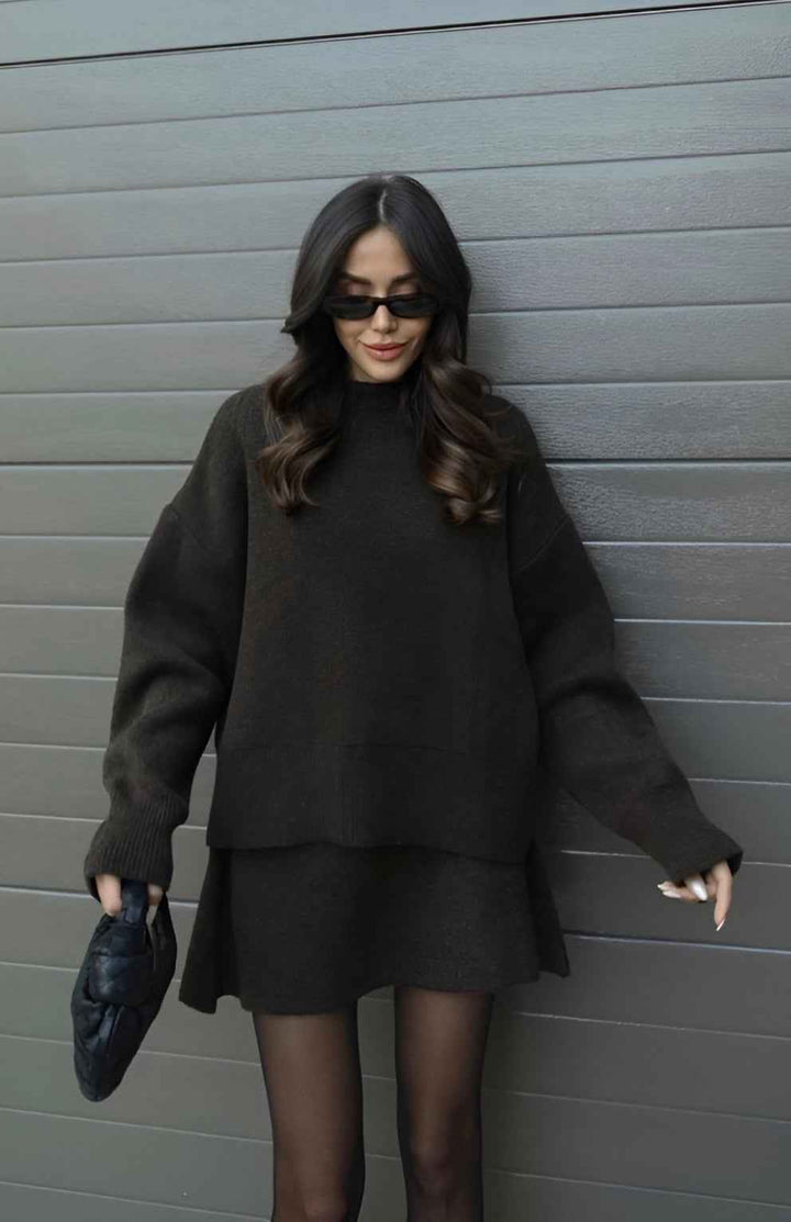 Women's Oversized Knit Sweater Set with Miniskirt - Casual Comfort Style Brown