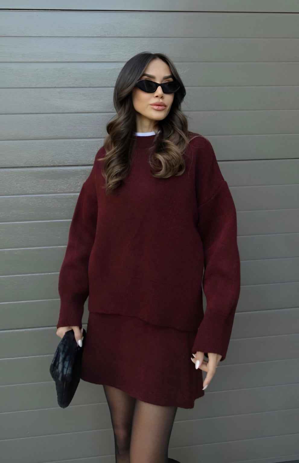 Women's Oversized Knit Sweater Set with Miniskirt - Casual Comfort Style Bordeaux Red