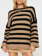 Women's Oversized Chunky Knit Striped Round Neck Wool Sweater Khaki