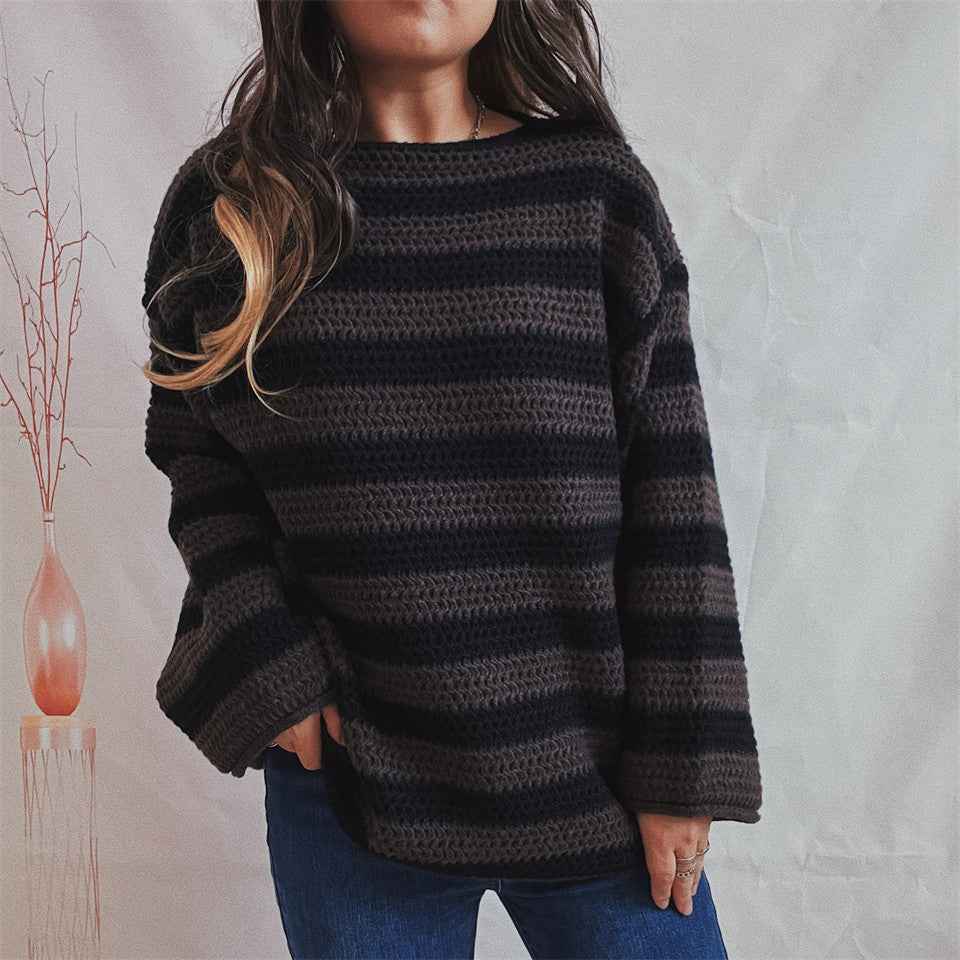 Women's Oversized Knit Sweater – Soft Fabric – Casual Round Neck Black Brown