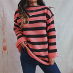 Women's Oversized Chunky Knit Striped Round Neck Wool Sweater Pink
