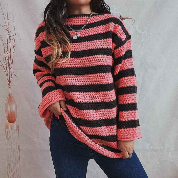 Women's Oversized Knit Sweater – Soft Fabric – Casual Round Neck Pink