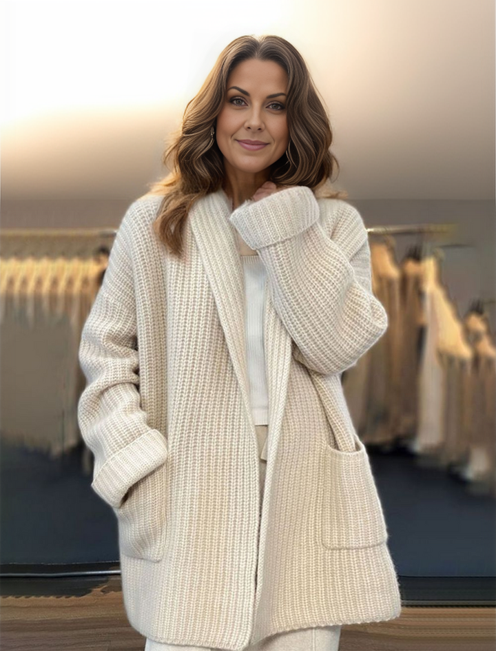 Women's Oversized Knitted Cardigan – Soft Wool Blend – Open Front with Pockets