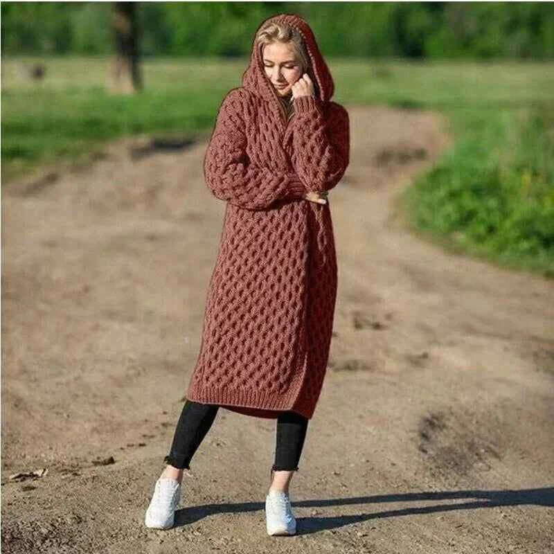 Women's Oversized Knitted Cardigan with Hood – Long Cable Knit Style Red