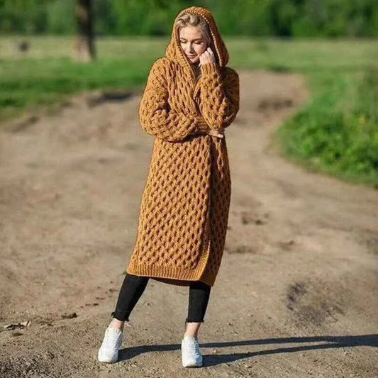 Women's Oversized Knitted Cardigan with Hood – Long Cable Knit Style Brown