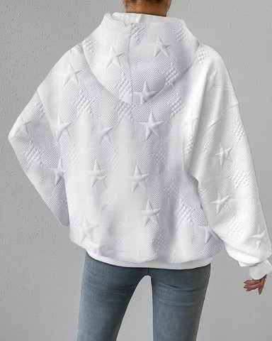 Women's White Oversized Star Relief Knit Hoodie Pullover