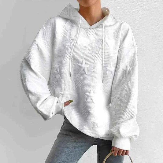 Women's White Oversized Star Relief Knit Hoodie Pullover White
