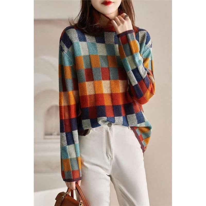 Women's Oversized Knitted Pullover Sweater - Diamond Pattern Design