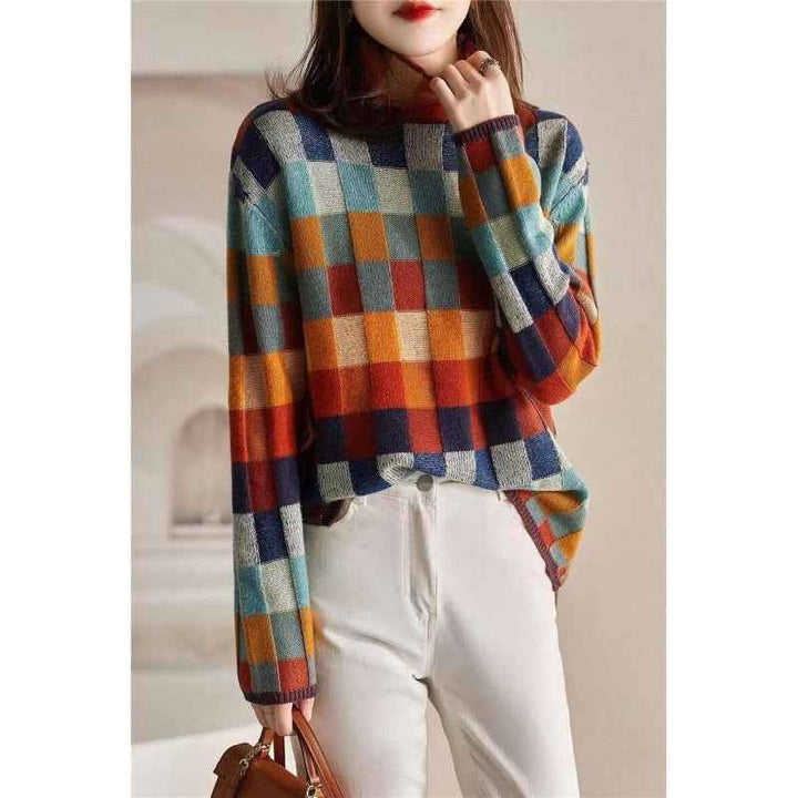 Women's Oversized Knitted Pullover Sweater - Diamond Pattern Design