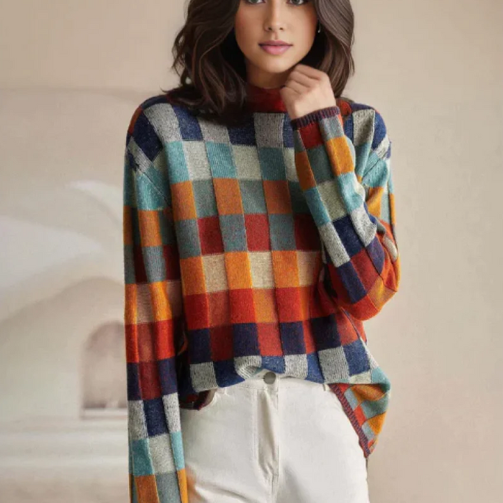 Women's Oversized Knitted Pullover Sweater - Diamond Pattern Design