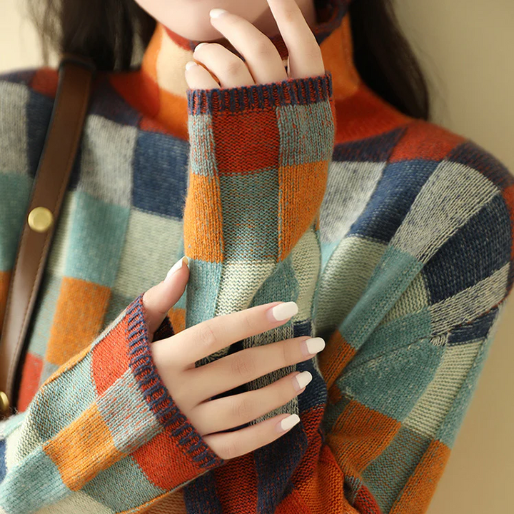 Women's Oversized Knitted Pullover Sweater - Diamond Pattern Design