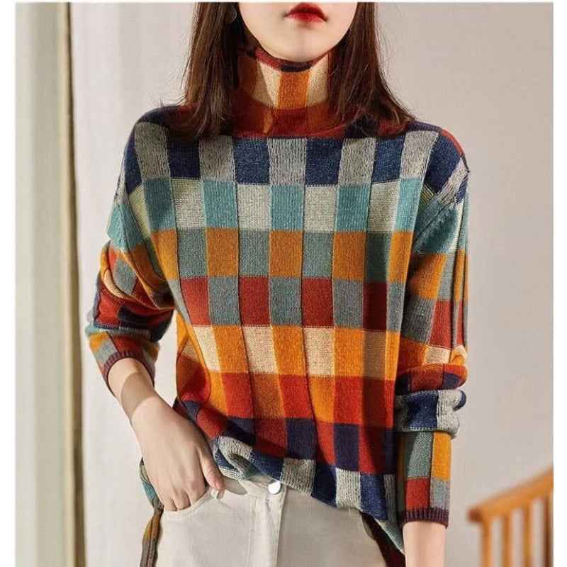 Women's Oversized Knitted Pullover Sweater - Diamond Pattern Design