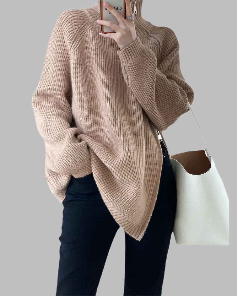 Womens Oversized Knitted Sweater – Wool Blend – High Collar with Side Zipper Khaki One Size