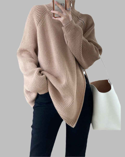 Women's Wool Blend Oversized High Collar Side Zipper Sweater Khaki One Size