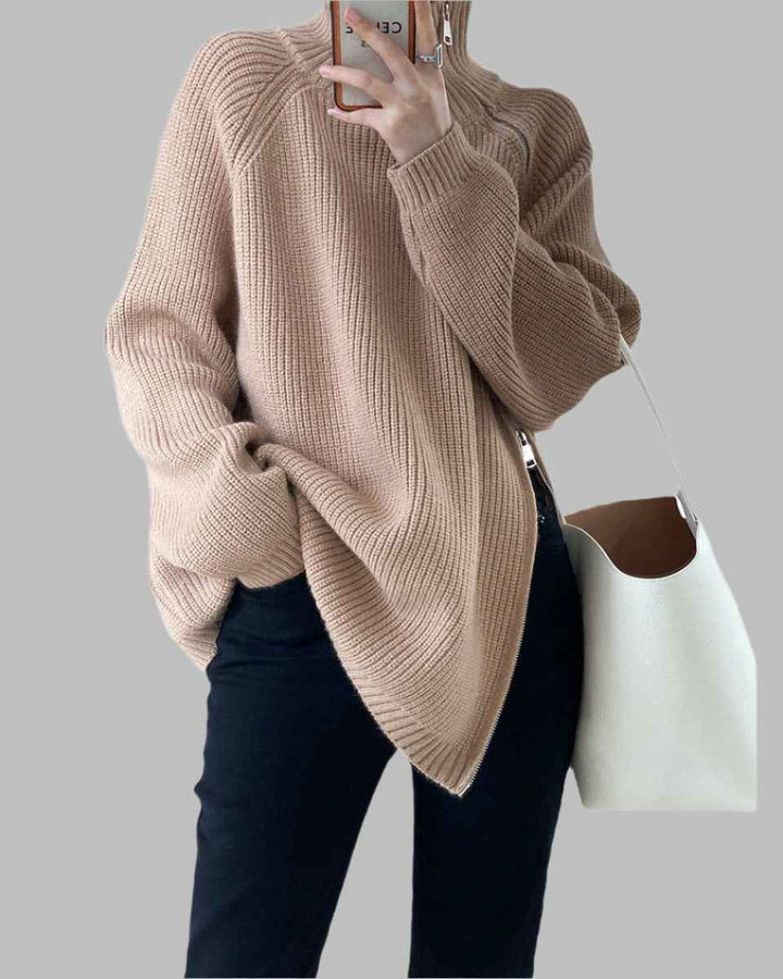 Womens Oversized Knitted Sweater – Wool Blend – High Collar with Side Zipper Khaki One Size