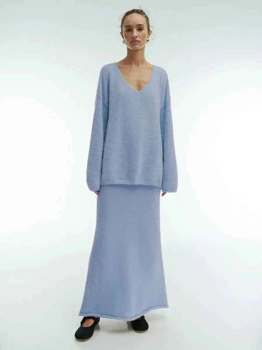 Women's Oversized Knitted Sweater and Maxi Skirt Set – Comfortable Casual Lounge Wear