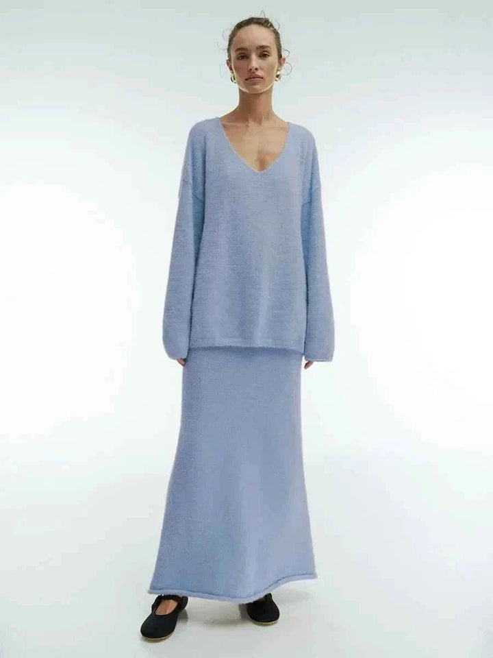 Women's Oversized Knitted Sweater and Maxi Skirt Set – Comfortable Casual Lounge Wear
