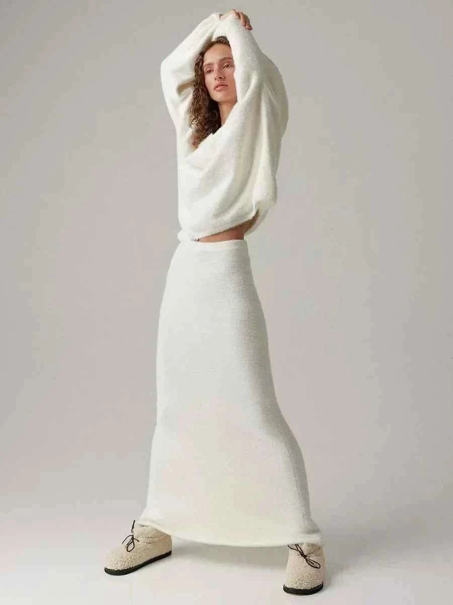 Women's Oversized Knitted Sweater and Maxi Skirt Set – Comfortable Casual Lounge Wear