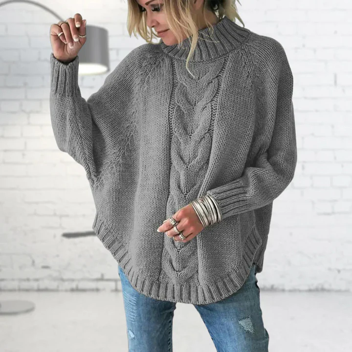 Women's Oversized Knitted Turtleneck Sweater – Wool Blend with Cable Design Grey