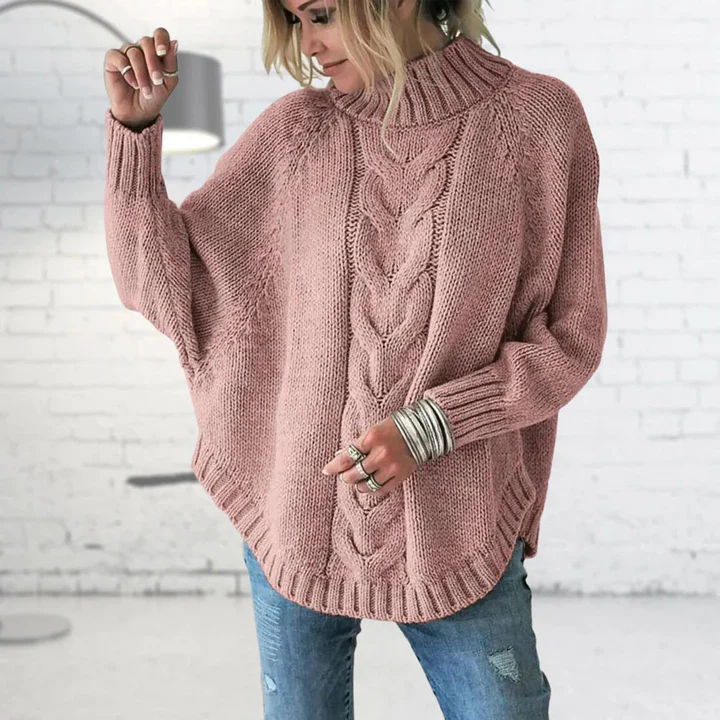 Women's Oversized Knitted Turtleneck Sweater – Wool Blend with Cable Design Pink