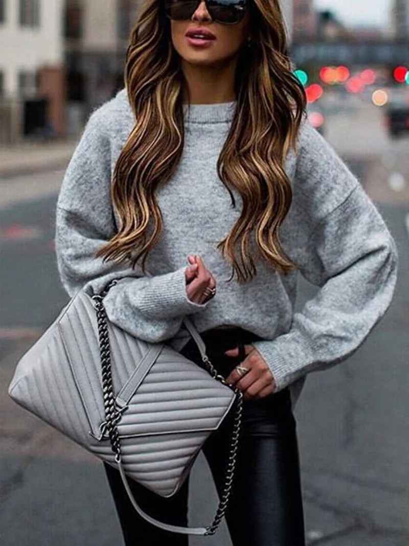 Women's Oversized Knitted Wool Sweater with Balloon Sleeves and Round Neck Grey