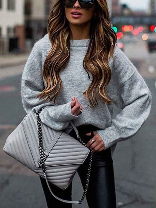 Women's Knitted Wool Oversized Solid Grey Winter Sweater Grey
