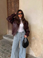 Women's Oversized Leather Zip Closure Waist Length Wine Red Jacket