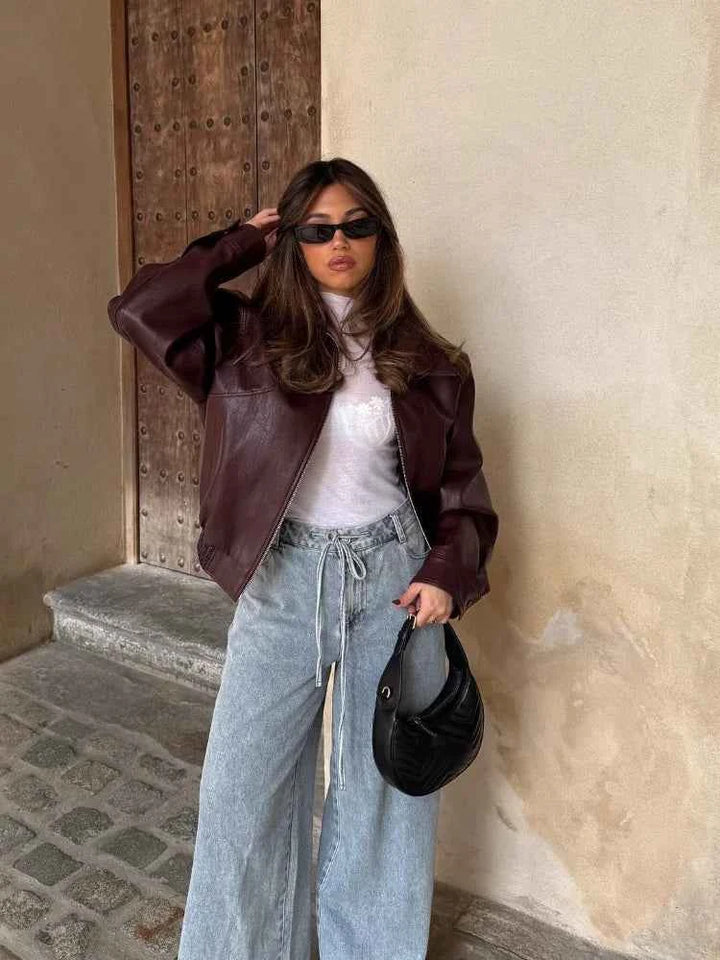 Women's Oversized Leather Jacket - Waist Length - Zip Closure - Long Sleeves