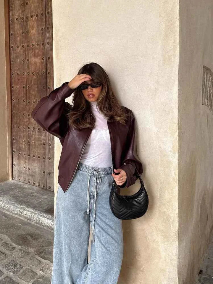 Women's Oversized Leather Jacket - Waist Length - Zip Closure - Long Sleeves