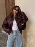 Women's Oversized Leather Zip Closure Waist Length Wine Red Jacket Wine Red