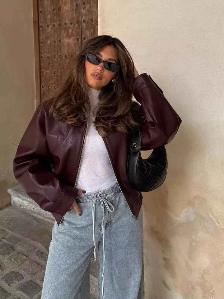 Women's Oversized Leather Jacket - Waist Length - Zip Closure - Long Sleeves Wine Red