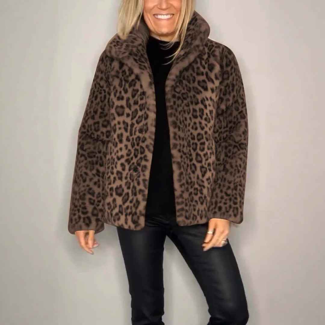 Women's Oversized Leopard Print Faux Fur Coat with Notched Collar Short Dark Brown