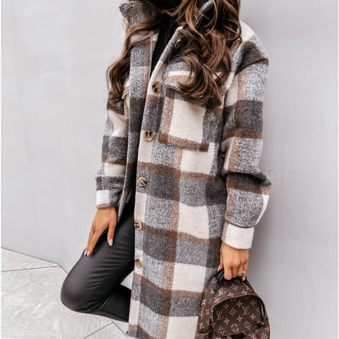 Women's Oversized Long Coat - Wool Blend - Checked Design - Front Button Closure Beige Grey