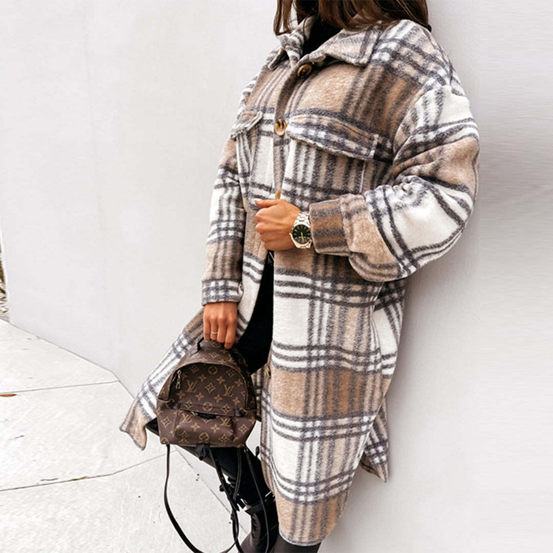 Women's Oversized Long Coat - Wool Blend - Checked Design - Front Button Closure White Khaki