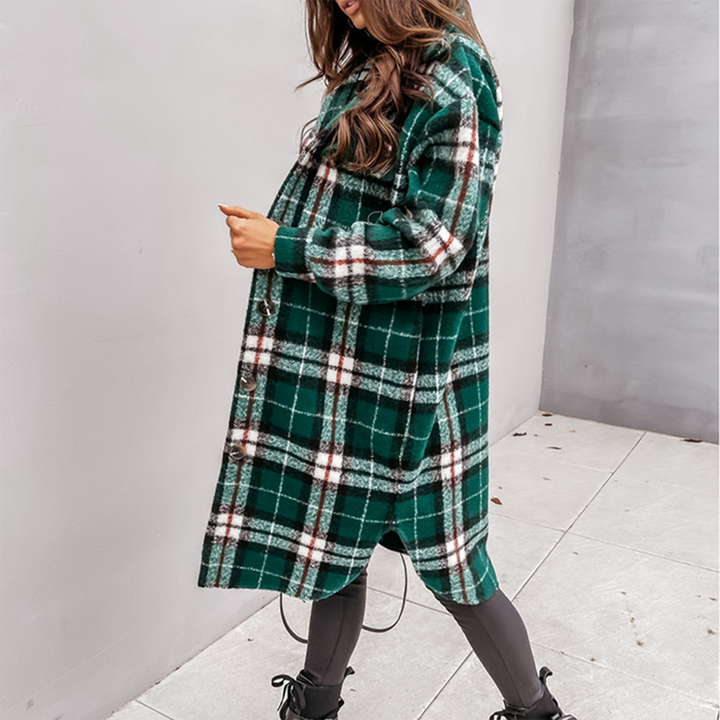 Women's Oversized Long Coat - Wool Blend - Checked Design - Front Button Closure Green